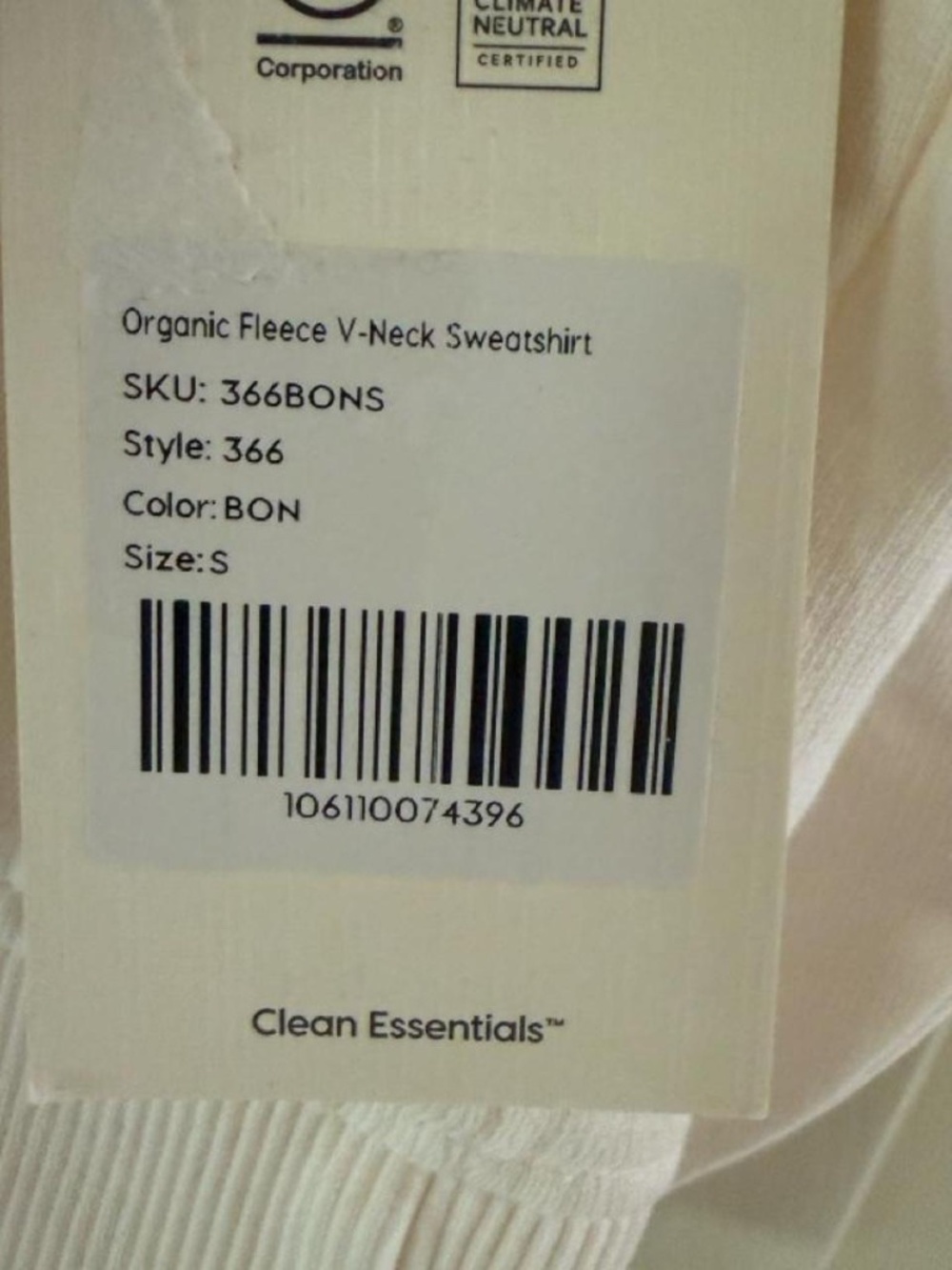 Mate the label Organic Fleece V-Neck Sweatshirt Bone Small $128 Retail - Picture 8 of 8